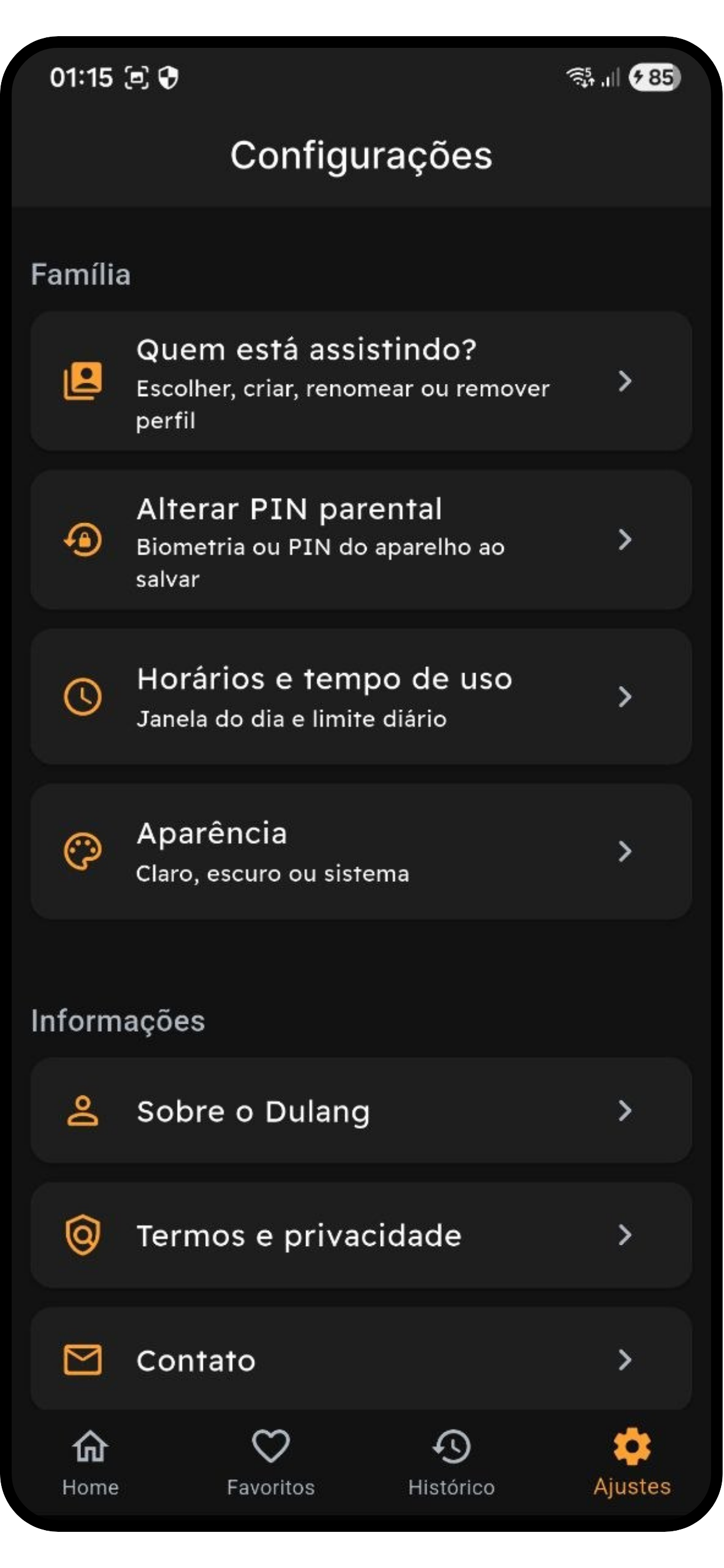 Tela do PIN parental do Dulang